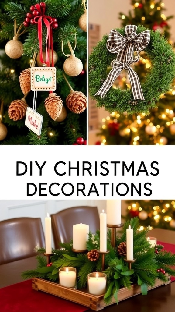 A collection of DIY Christmas decorations including ornaments, a wreath, and a centerpiece on a festive table.